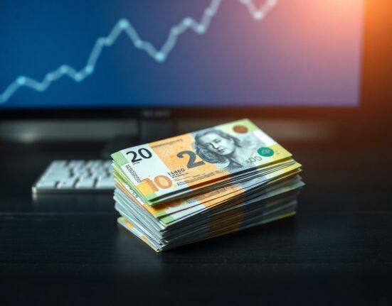 Stack of Canadian dollar banknotes on a desk with a subtle upward graph in the background indicating a currency rebound.