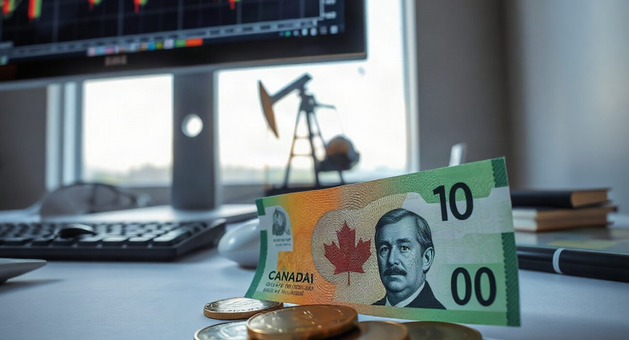 Canadian dollar coins and notes on a desk with a stock chart and oil pump jack in background