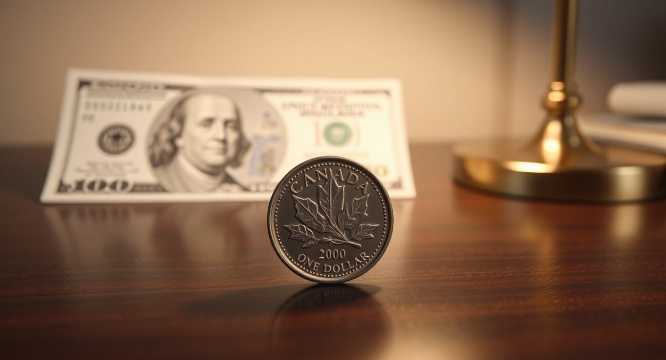 A Canadian loonie coin in sharp focus with a blurred US dollar bill in the background, representing currency market dynamics.