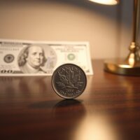 A Canadian loonie coin in sharp focus with a blurred US dollar bill in the background, representing currency market dynamics.