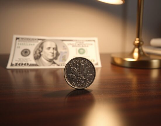 A Canadian loonie coin in sharp focus with a blurred US dollar bill in the background, representing currency market dynamics.