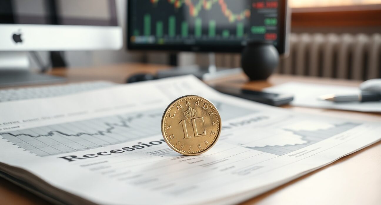 Canadian loonie coin on financial newspaper with recession chart and forex monitor in background