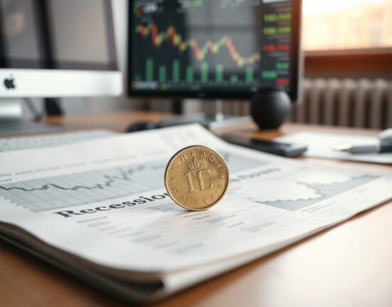 Canadian loonie coin on financial newspaper with recession chart and forex monitor in background