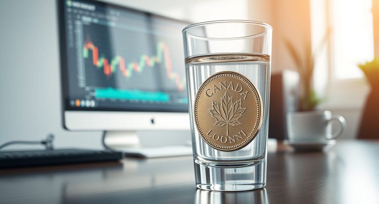 A Canadian dollar coin partially submerged in a glass of water on a desk with a financial chart in the background.