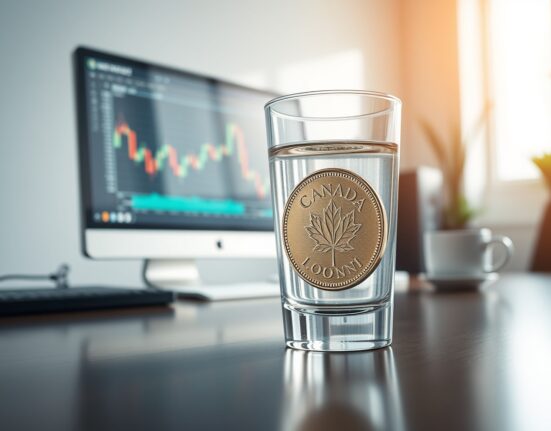 A Canadian dollar coin partially submerged in a glass of water on a desk with a financial chart in the background.