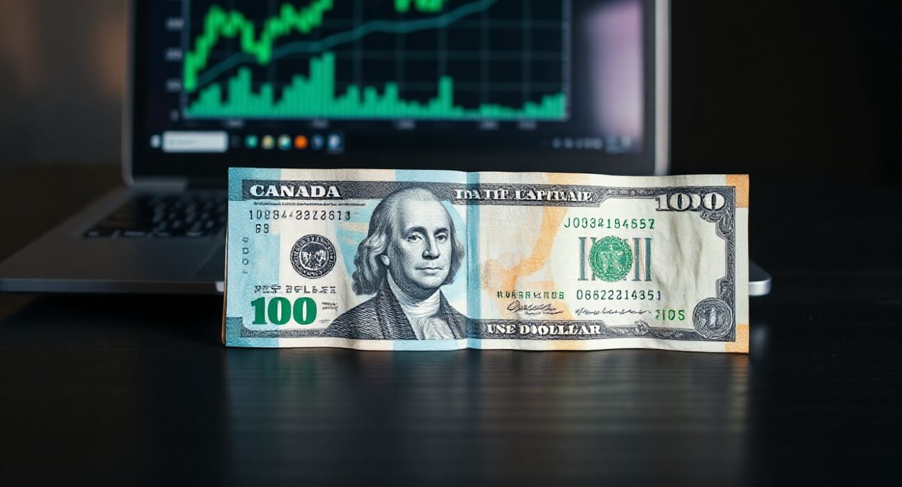 Canadian and US dollar banknotes on a desk with a laptop showing a financial chart in the background.