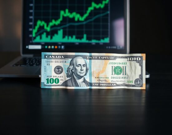 Canadian and US dollar banknotes on a desk with a laptop showing a financial chart in the background.
