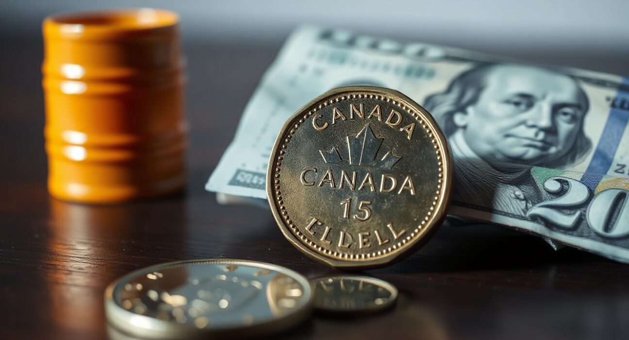 Canadian loonie coin and US dollar bill on a dark surface with a small oil barrel in the background.
