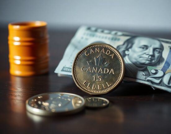 Canadian loonie coin and US dollar bill on a dark surface with a small oil barrel in the background.