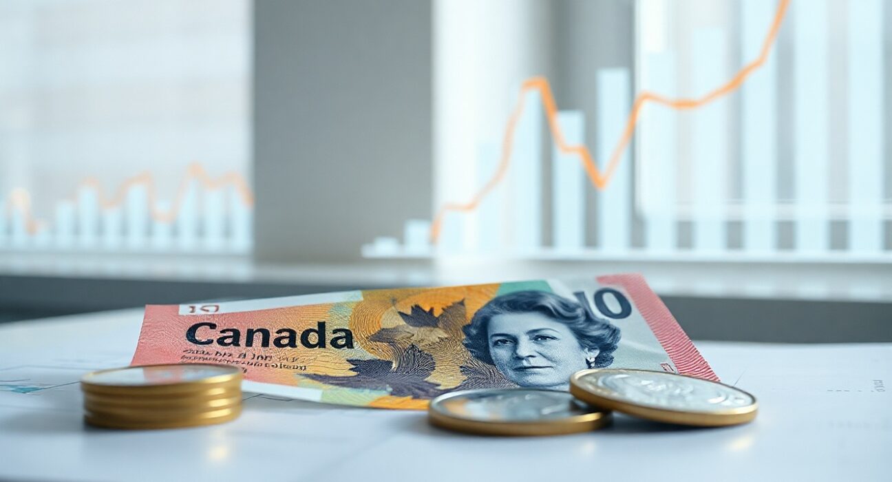 Canadian dollar bills and coins with a financial chart in the background