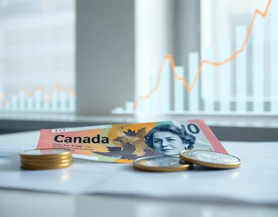 Canadian dollar bills and coins with a financial chart in the background