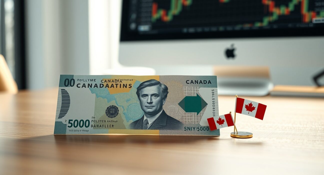 Canadian dollar banknote on desk with flag pin, representing currency analysis and monetary policy