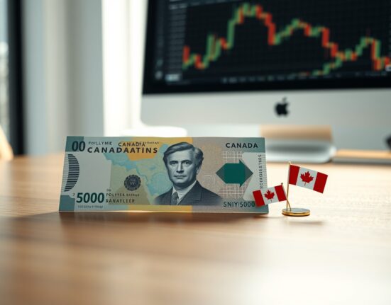 Canadian dollar banknote on desk with flag pin, representing currency analysis and monetary policy