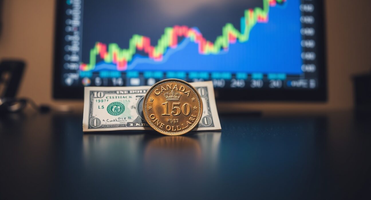 Canadian Loonie coin and US dollar bill with oil price chart in background