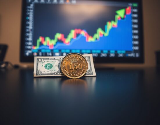 Canadian Loonie coin and US dollar bill with oil price chart in background
