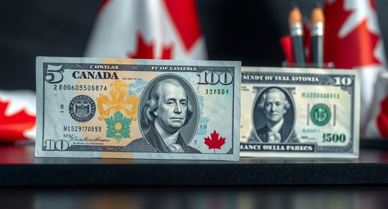 Canadian and US dollar banknotes side by side, symbolizing the currency pair and tariff risks