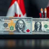 Canadian and US dollar banknotes side by side, symbolizing the currency pair and tariff risks