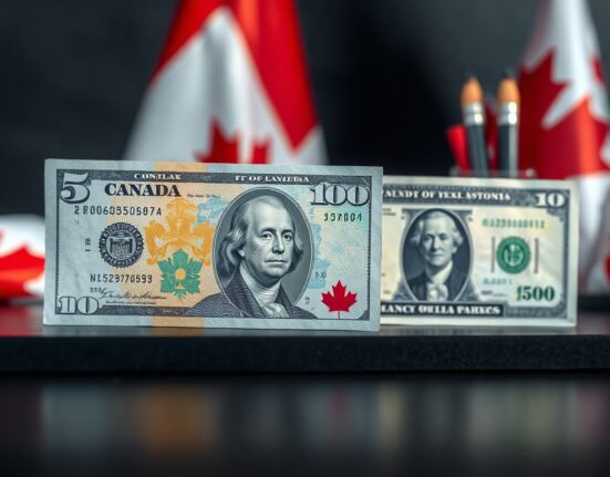 Canadian and US dollar banknotes side by side, symbolizing the currency pair and tariff risks