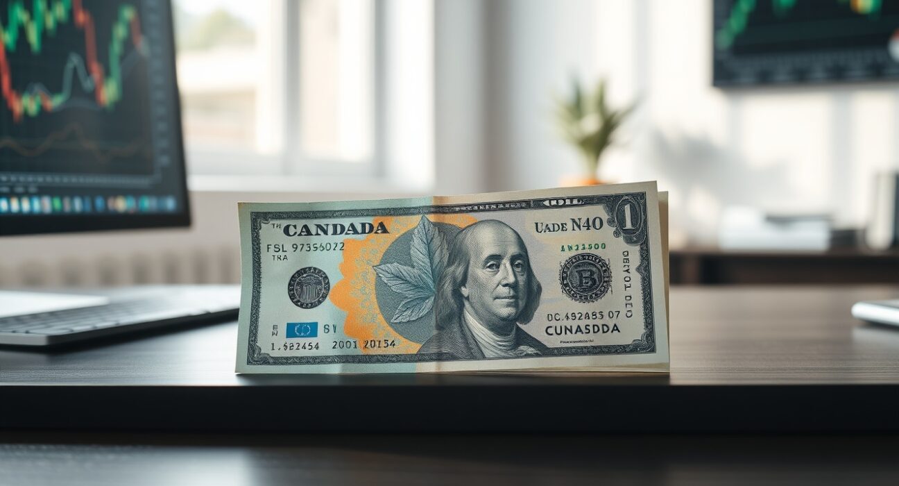 Canadian dollar and US dollar banknotes on a desk with a currency chart in the background