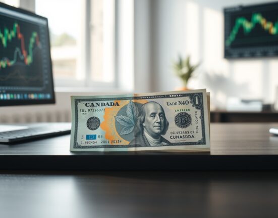 Canadian dollar and US dollar banknotes on a desk with a currency chart in the background