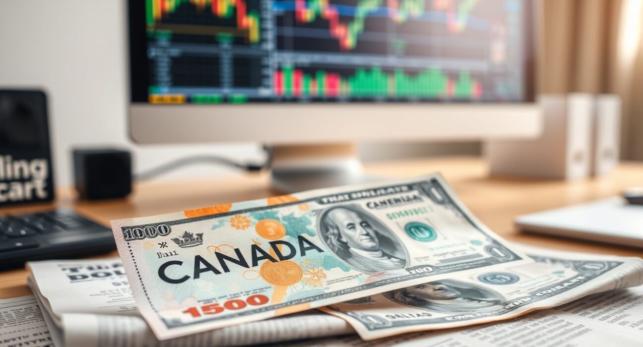 Canadian Dollar and US Dollar banknotes on a financial chart background