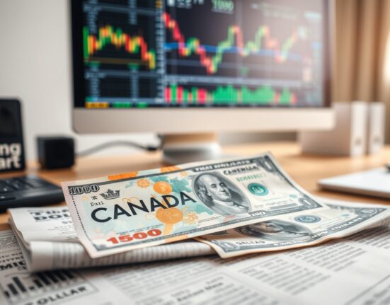 Canadian Dollar and US Dollar banknotes on a financial chart background