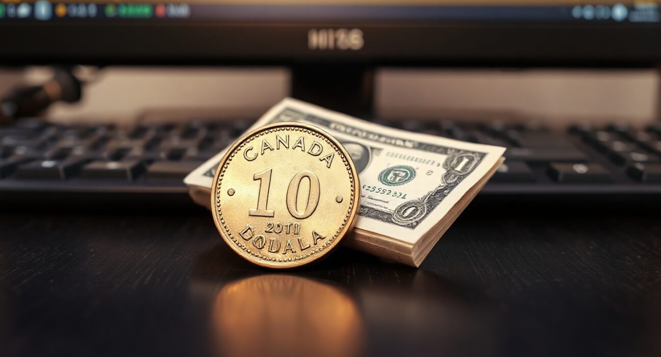 Canadian loonie coin and US dollar bill on desk with financial chart in background