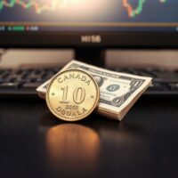 Canadian loonie coin and US dollar bill on desk with financial chart in background
