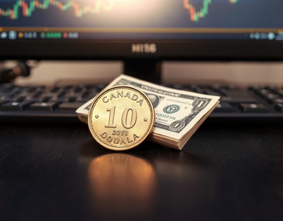 Canadian loonie coin and US dollar bill on desk with financial chart in background