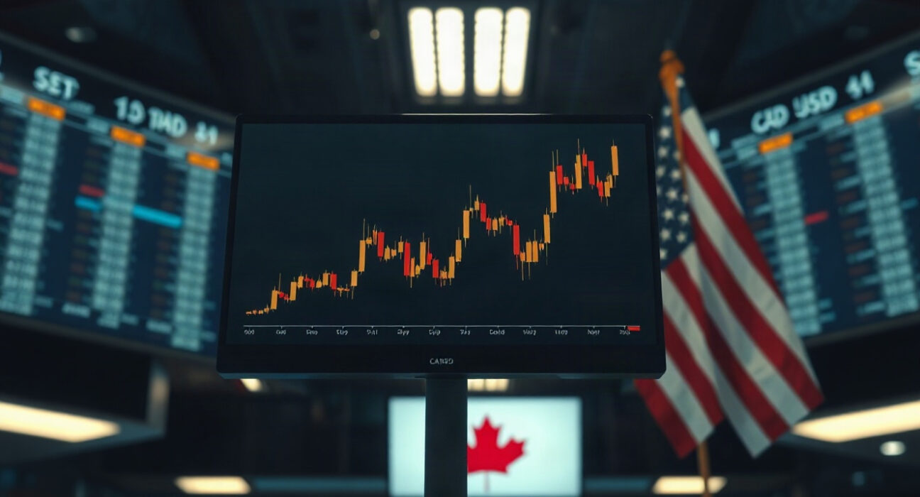 A trading screen showing a CAD/USD currency chart with Canadian and US flags in the background.
