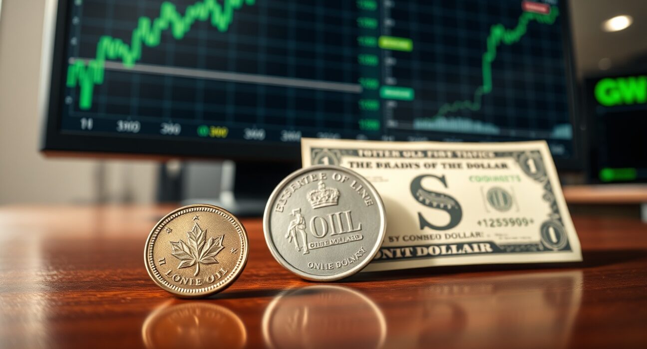 Canadian Dollar and US Dollar with Oil price chart illustrating currency market dynamics.