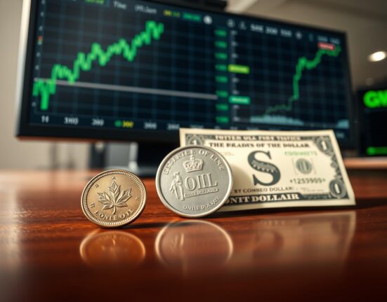 Canadian Dollar and US Dollar with Oil price chart illustrating currency market dynamics.