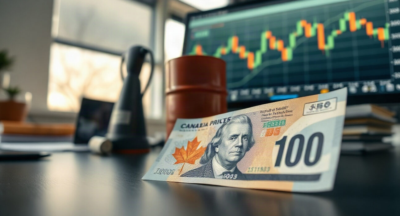 Canadian dollar banknote and oil barrel on desk with declining price chart in background