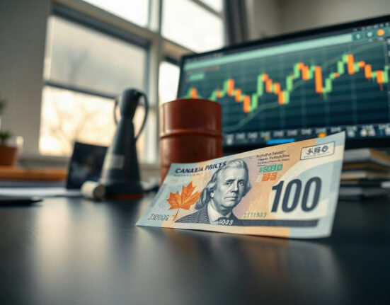 Canadian dollar banknote and oil barrel on desk with declining price chart in background