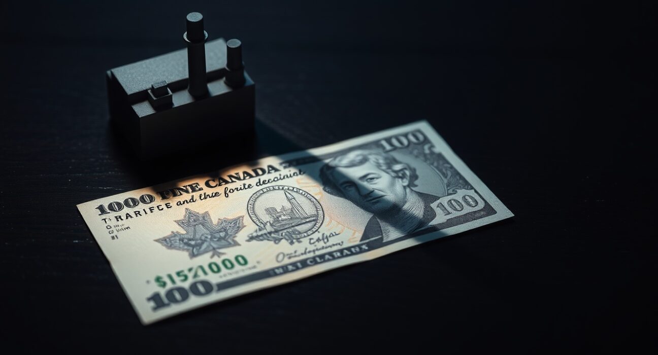 Canadian dollar banknote with a shadow of a factory model representing tariffs