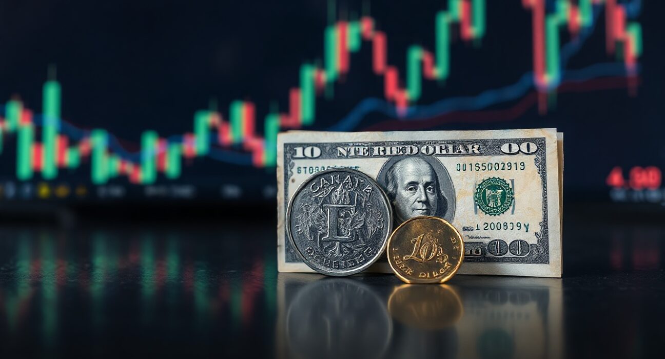 Canadian dollar coin and US dollar bill on a trading desk, representing the USD/CAD currency pair