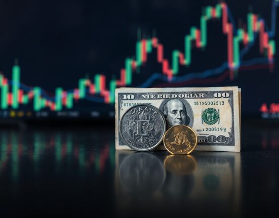 Canadian dollar coin and US dollar bill on a trading desk, representing the USD/CAD currency pair