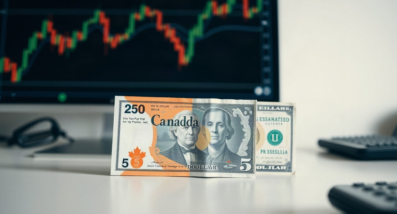 Canadian and US dollar banknotes side by side on a desk, representing the USD/CAD currency pair.