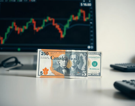 Canadian and US dollar banknotes side by side on a desk, representing the USD/CAD currency pair.