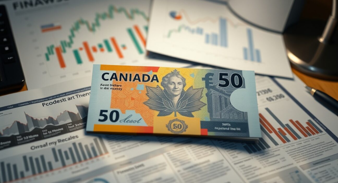 Canadian dollar banknote on financial newspaper with economic charts