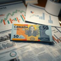 Canadian dollar banknote on financial newspaper with economic charts