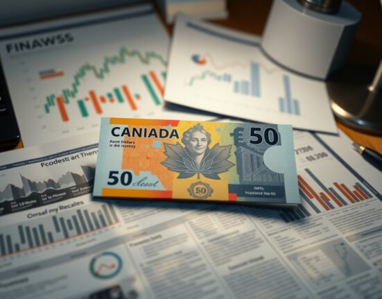 Canadian dollar banknote on financial newspaper with economic charts