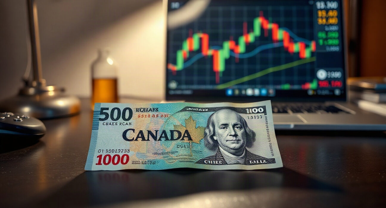Canadian and US dollars with oil and trading chart in background