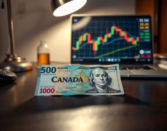 Canadian and US dollars with oil and trading chart in background