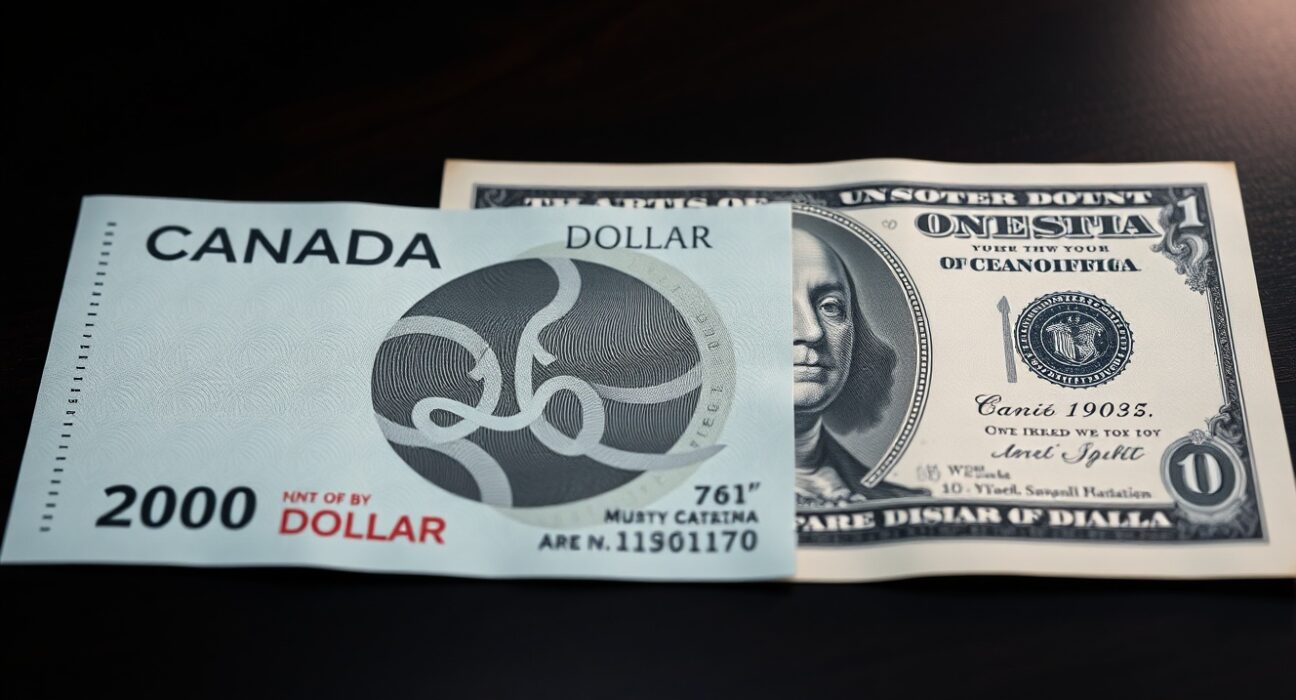 Canadian Dollar and US Dollar banknotes on a desk, representing forex market movement ahead of NFP data.