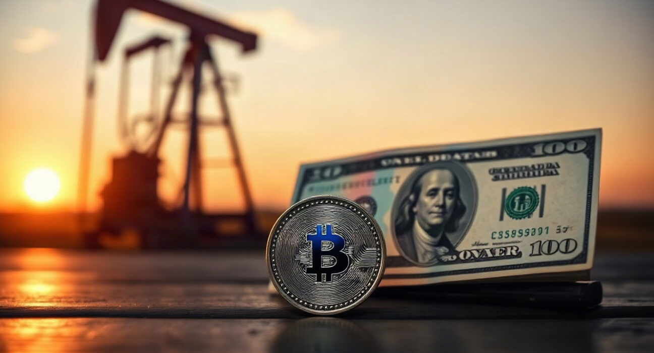 Canadian dollar coin and US dollar bill with oil pump jack in background