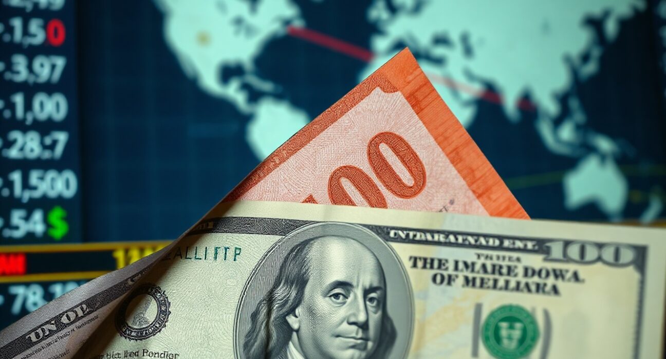 Canadian dollar and U.S. dollar banknotes with a blurred world map background, representing forex market reaction to geopolitical news.