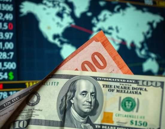 Canadian dollar and U.S. dollar banknotes with a blurred world map background, representing forex market reaction to geopolitical news.