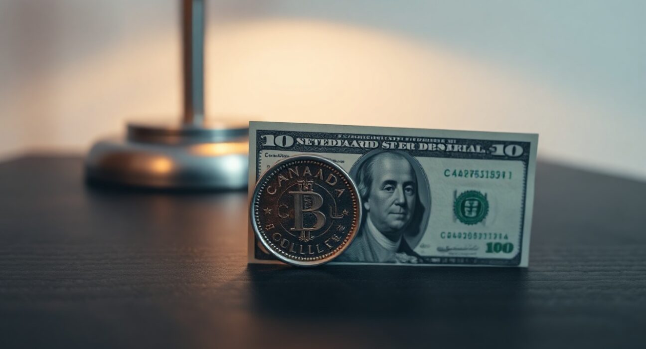 Canadian loonie coin and US dollar bill on desk representing USD/CAD exchange rate analysis