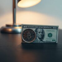 Canadian loonie coin and US dollar bill on desk representing USD/CAD exchange rate analysis